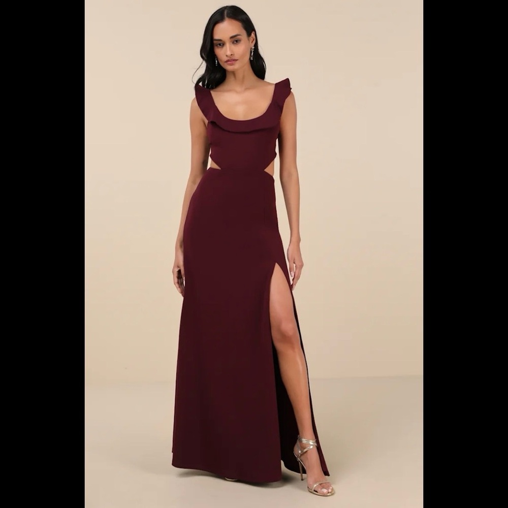 NWT LULUS Captivating Charisma Plum Ruffled Cutout Tie-Back Maxi Dress